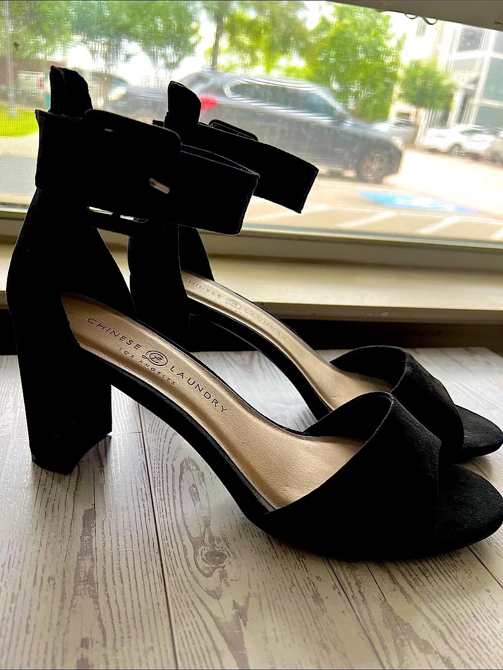 Chinese Laundry ✨New in Box✨Black Micro Suede Block Heels Wide Ankle Strap 9.5